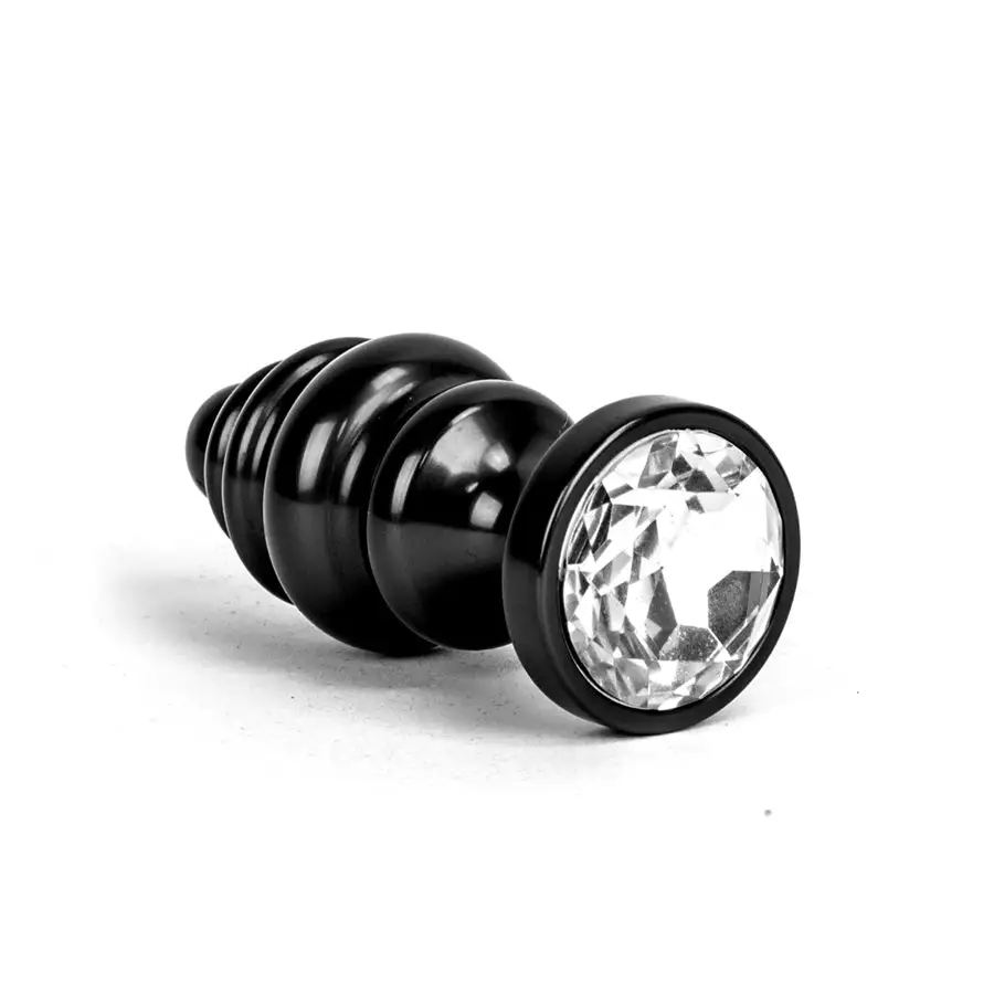Kiotos Aluminum Geribbelde Buttplug Met Kristal - Zwart 1 Kiotos Aluminum Geribbelde Buttplug Met Kristal - Zwart